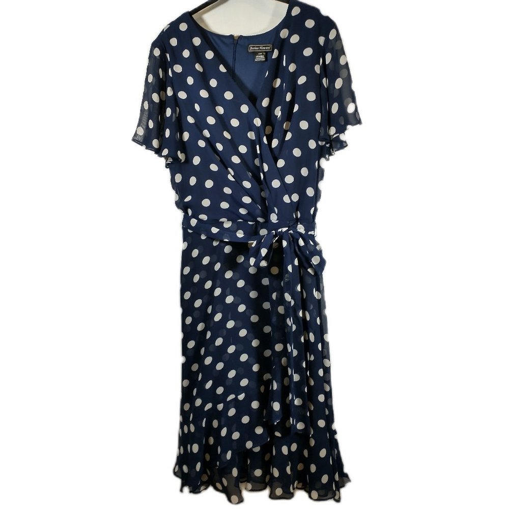Jessica Howard Blue Polka Dot faux wrap, surplice neckline, ruffle sleeves 18W
